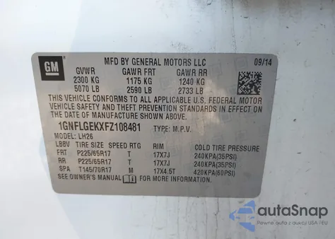 2015 Chevrolet Equinox 2Lt из США, поврежденный, VIN 1GNFLGEKXFZ108481